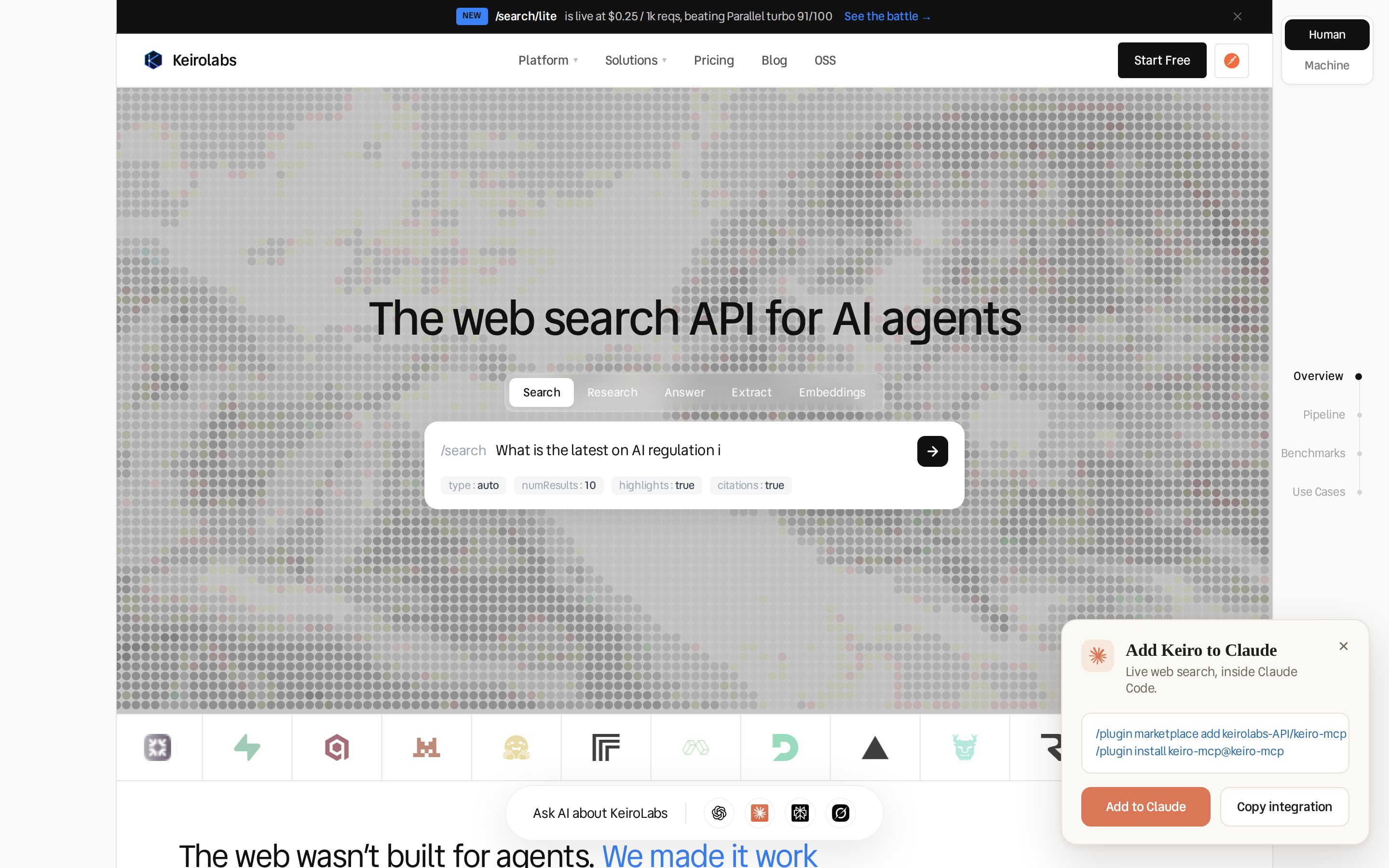Keirolabs homepage - the web search API for AI agents